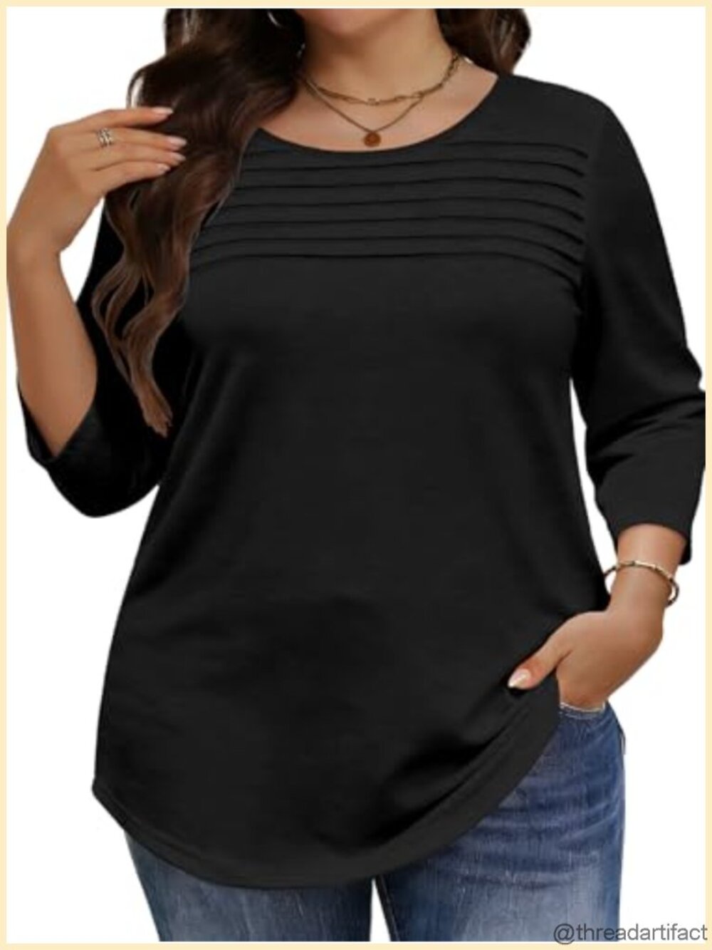 Plus Size Tops 3/4 Sleeve Pleated Tunic Blouse Casual Womens Shirt